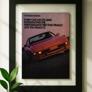 Framed original ad Porsche 944 in black floating frame on wall