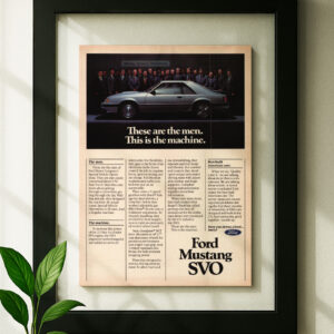 Framed original mustang SVO ad in black floating frame on wall