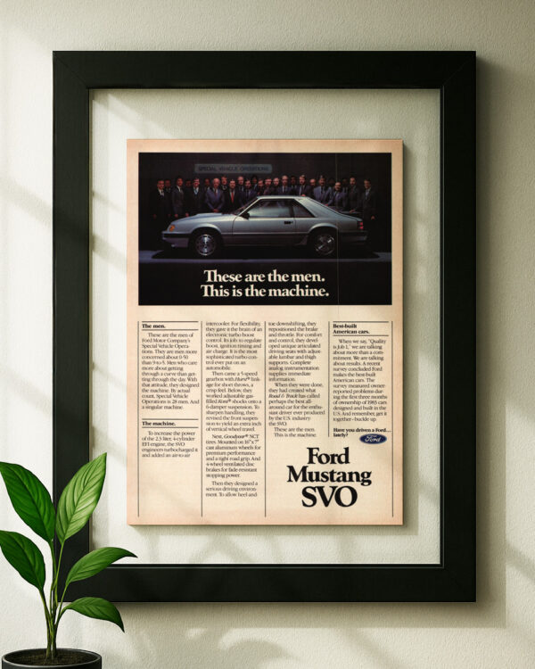 Framed original mustang SVO ad in black floating frame on wall