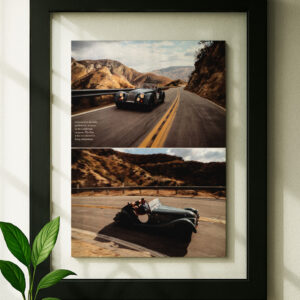 Framed original morgan plus 4 ad in black floating frame on wall
