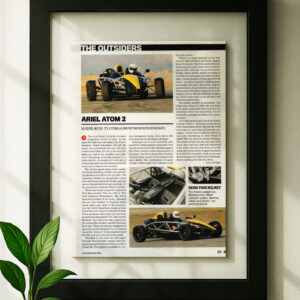 Framed original ariel atom 2 ad in black floating frame on wall