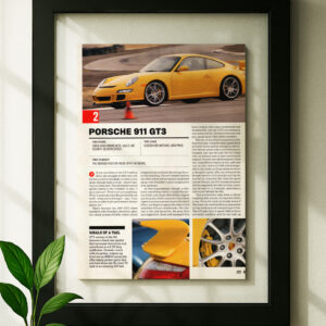 Framed original porsche 911 gt3 991 ad in black floating frame on wall