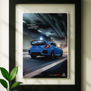 Framed original ad honda civic type r in black floating frame on wall