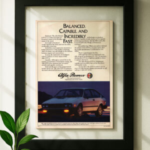 alfa romeo gtv 6 framed original ad in black floating frame on wall