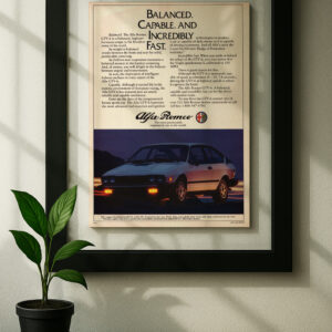 alfa romeo gtv 6 framed original ad in black floating frame on wall
