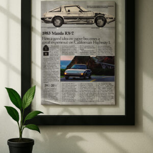 Mazda RX-7 framed original ad in black floating frame on wall