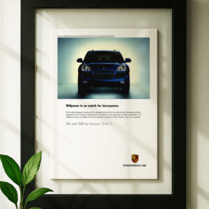 porsche Cayenne Turbo S framed original ad in black floating frame on wall