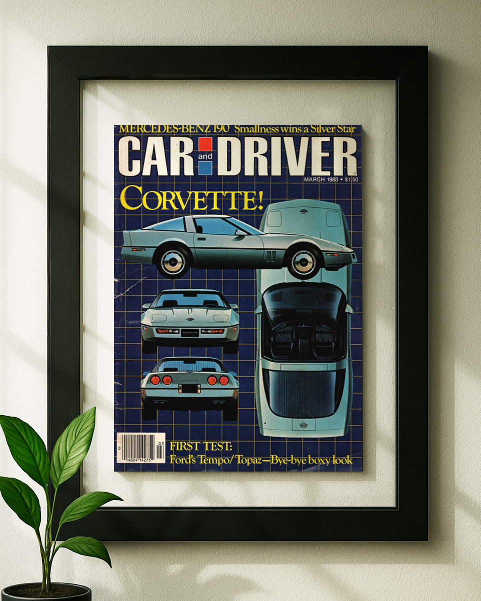 c4 corvette framed original ad in black floating frame on wall