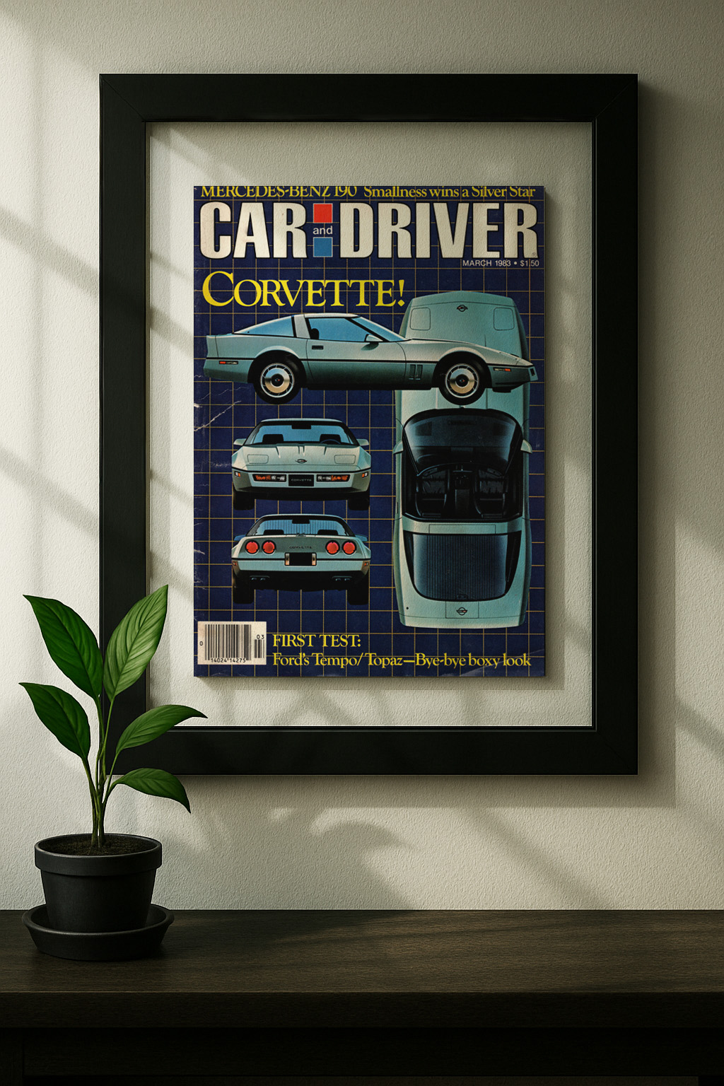 c4 corvette framed original ad in black floating frame on wall
