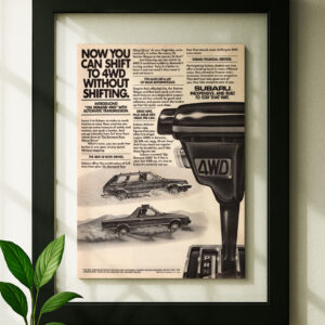 subrau 4wd ad framed original ad in black floating frame on wall