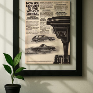 subaru on demand 4wd framed original ad in black floating frame on wall