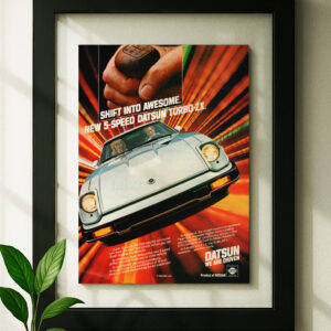 280zx 5 speed framed original ad in black floating frame on wall