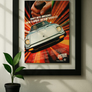 280zx 5 speed framed original ad in black floating frame on wall