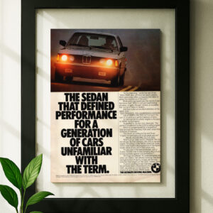 bmw e30 framed original ad in black floating frame on wall