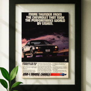 camaro z28 3rd gen framed original ad in black floating frame on wall