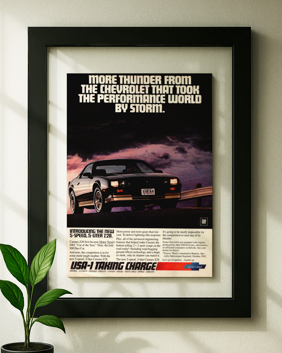 camaro z28 3rd gen framed original ad in black floating frame on wall