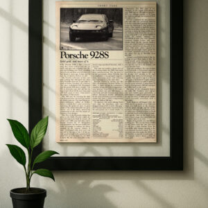porsche 928 s framed original ad in black floating frame on wall