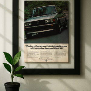 VW Jetta framed original ad in black floating frame on wall