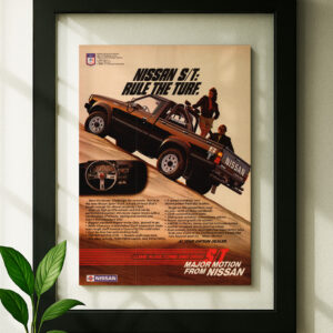 Nissan Hardbody framed original ad in black floating frame on wall