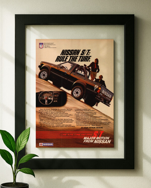 Nissan Hardbody framed original ad in black floating frame on wall