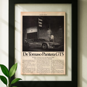 Detomaso Pantera GT5 framed original ad in black floating frame on wall