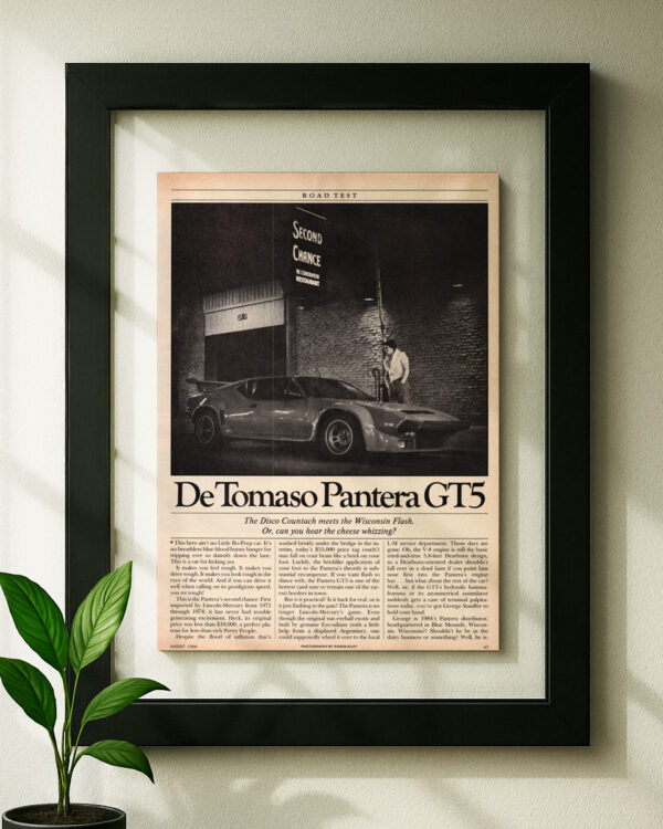 Detomaso Pantera GT5 framed original ad in black floating frame on wall