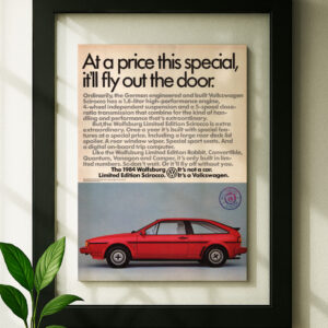 VW Scirocco Wolfsburg framed original ad in black floating frame on wall