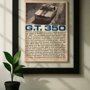 gt350 framed original ad in black floating frame on wall