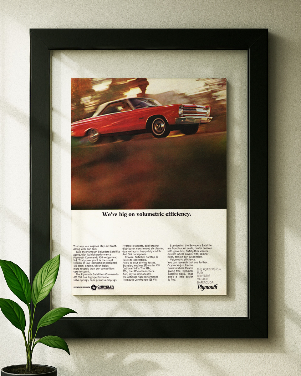 belvedere satellite 1965 framed original ad in black floating frame on wall