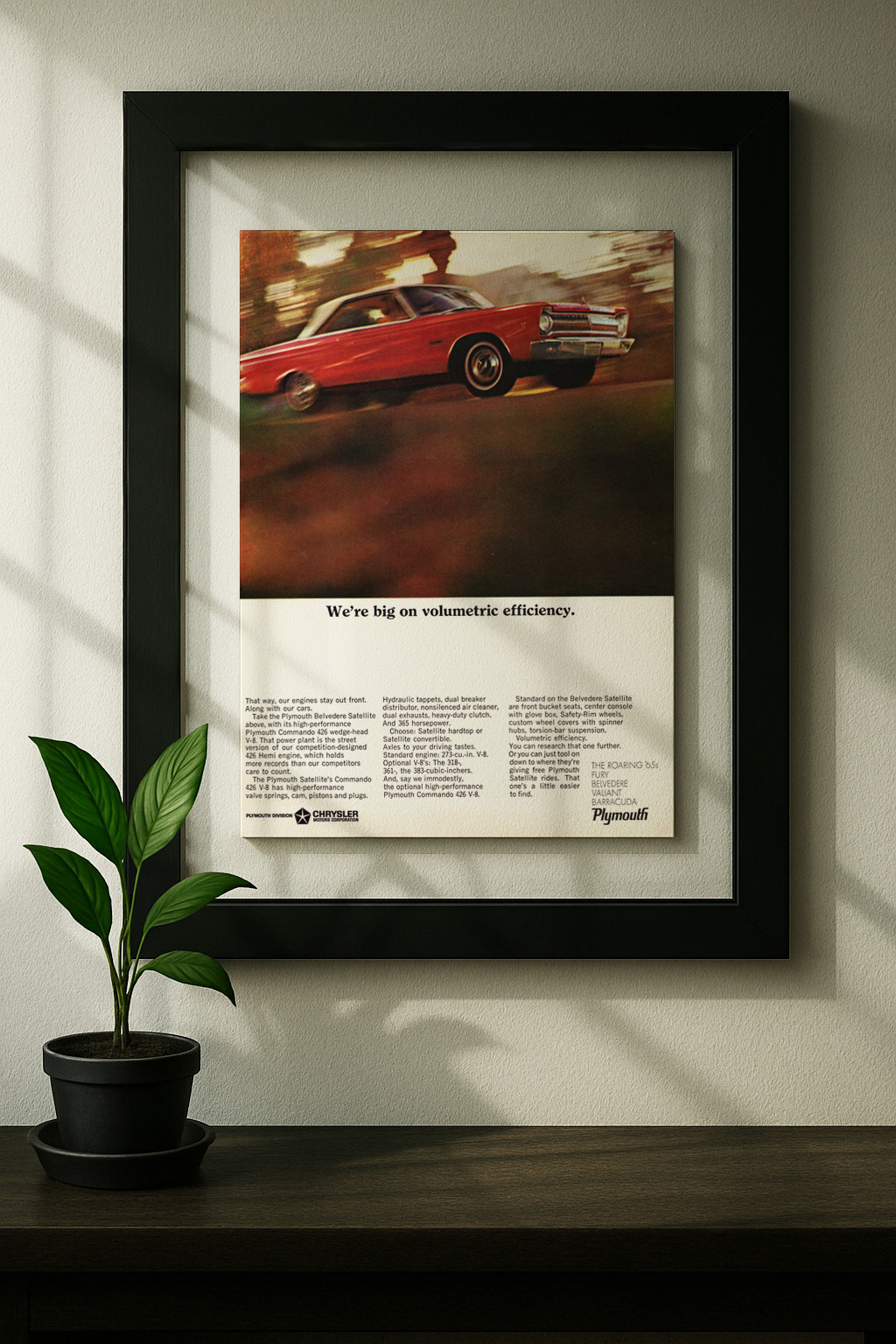 plymouth belvedere satellite framed original ad in black floating frame on wall 1965