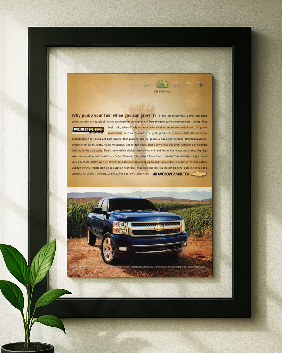 Chevy Silverado framed original ad in black floating frame on wall