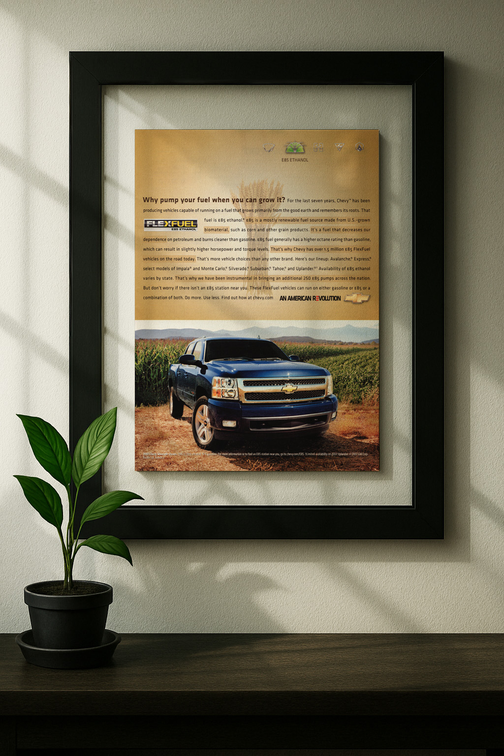 silverado framed original ad in black floating frame on wall