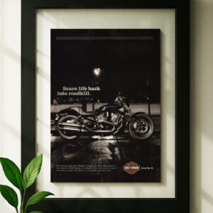 Harley Davidson Night Rod framed original ad in black floating frame on wall
