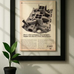 ford 427 framed original ad in black floating frame on wall