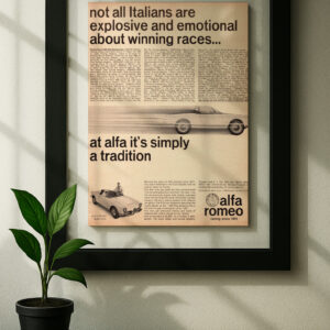 alfa romeo gulia spider framed original ad in black floating frame on wall