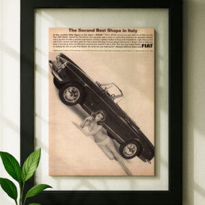 fiat 1500 spider framed original ad in black floating frame on wall