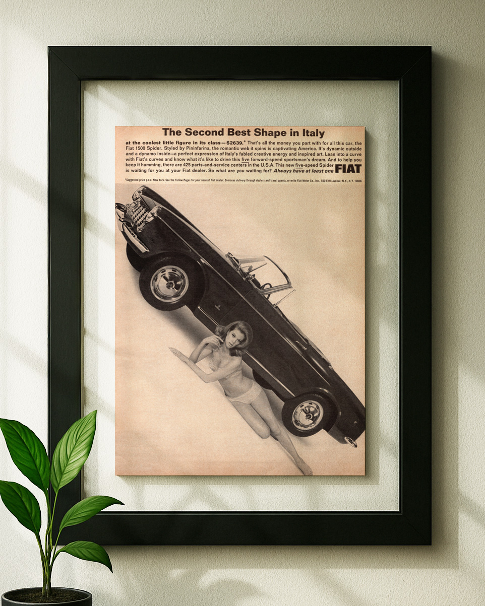 fiat 1500 spider framed original ad in black floating frame on wall
