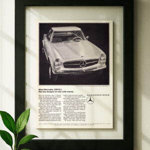 Mercedes 230 SL framed original ad in black floating frame on wall