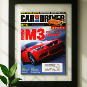 BMW M3 e90 framed original ad in black floating frame on wall
