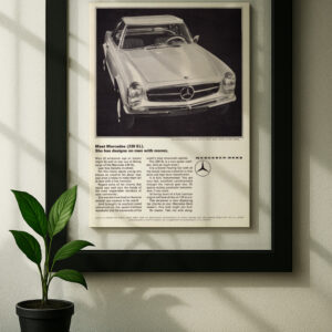 mercedes 230 sl framed original ad in black floating frame on wall