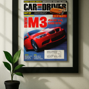 BMW M3 e90 framed original ad in black floating frame on wall