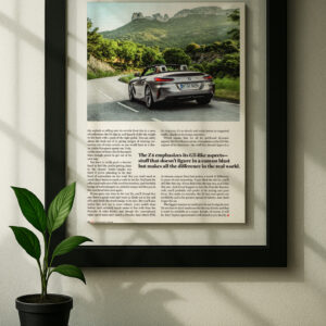 bmw z4 framed original ad in black floating frame on wall