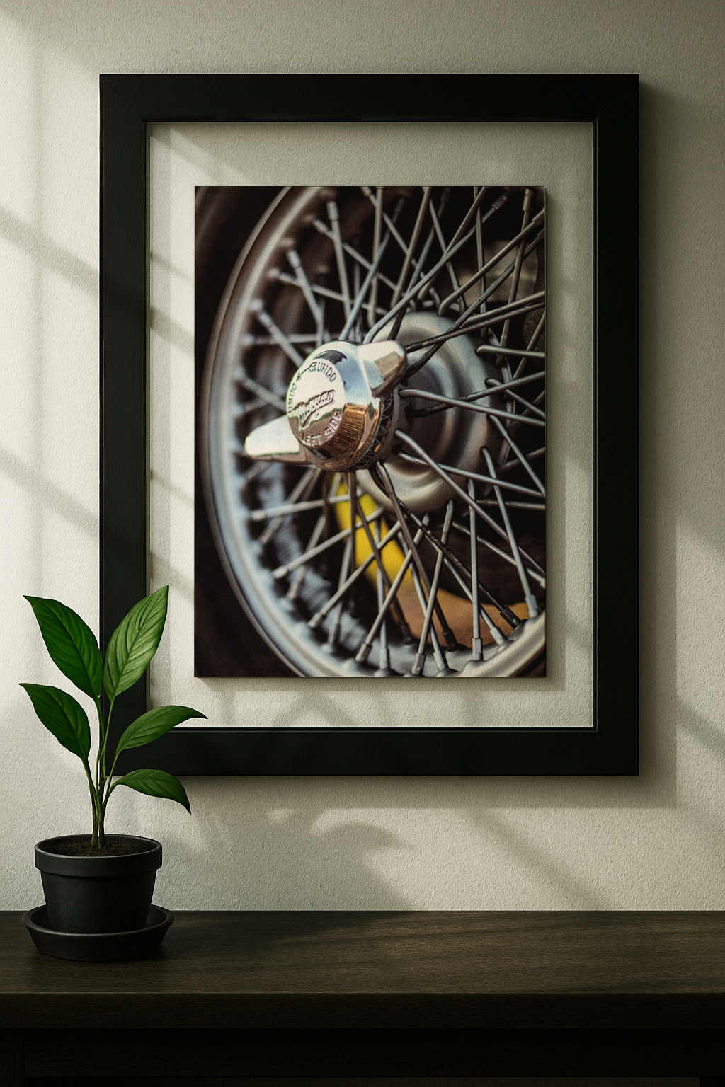 morgan plus 4 framed original ad in black floating frame on wall