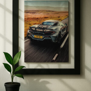mclaren 600 lt framed original ad in black floating frame on wall
