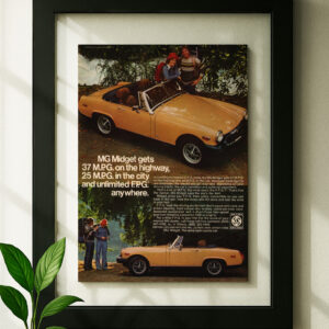 mg midget framed framed original ad in black floating frame on wall