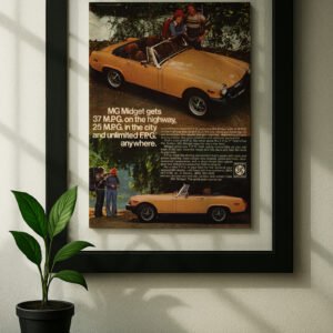 mg midget framed original ad in black floating frame on wall