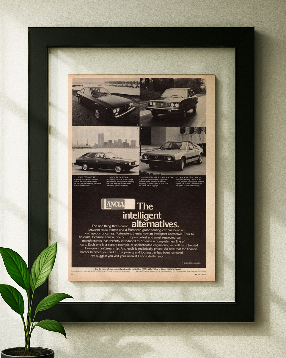 lancia beta framed original ad in black floating frame on wall