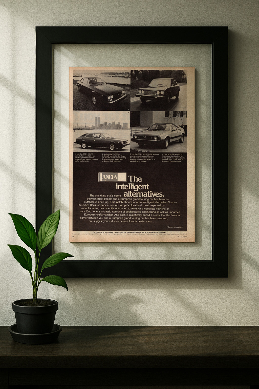 Lancia Beta framed original ad in black floating frame on wall