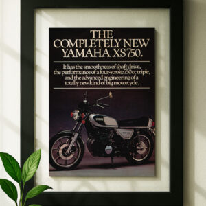 Yamaha XS750 framed original ad in black floating frame on wall