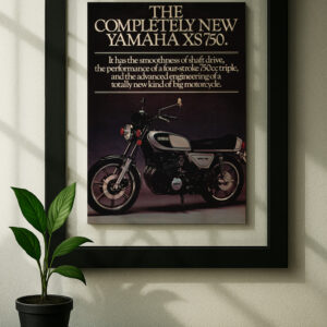 yamaha xs750 framed original ad in black floating frame on wall